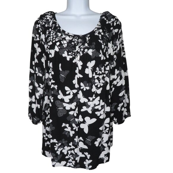 Talbots Womens Black White Butterfly 3/4 Sleeve Tunic Top S Crochet Detail - Picture 2 of 12